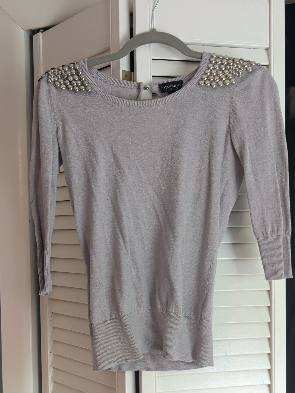 Topshop grey Pearl-Embellished Shoulder Knit Top